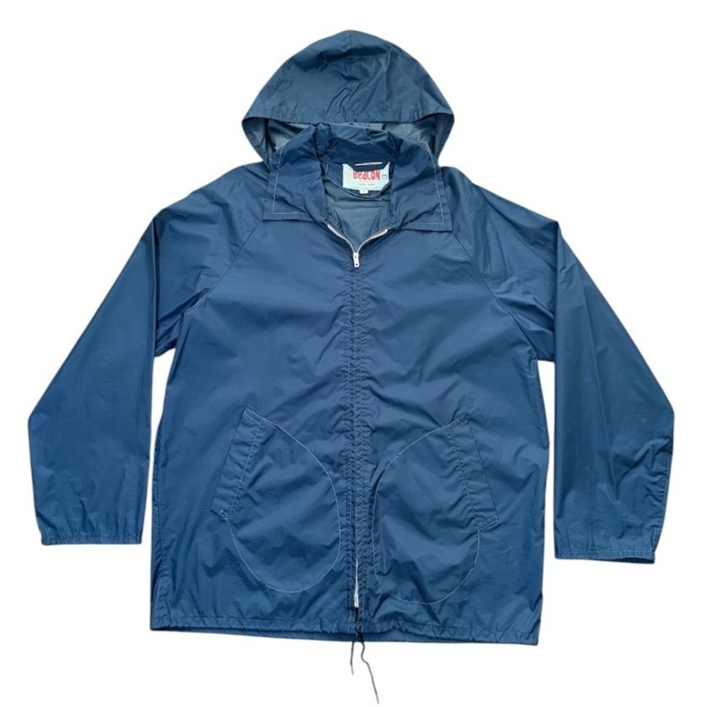 Vintage 80s Beacon Mens Navy Blue Nylon Windbreaker Zip Up Hooded Outdoor Jacket